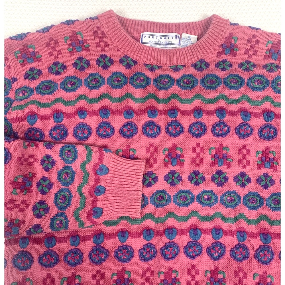 VTG Portraits By Northern Isles Hand Embroidered Sweater Women's Small Pink